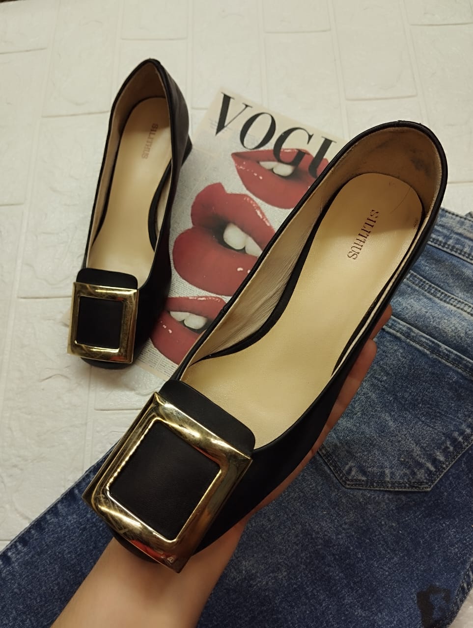 Black and gold box heels