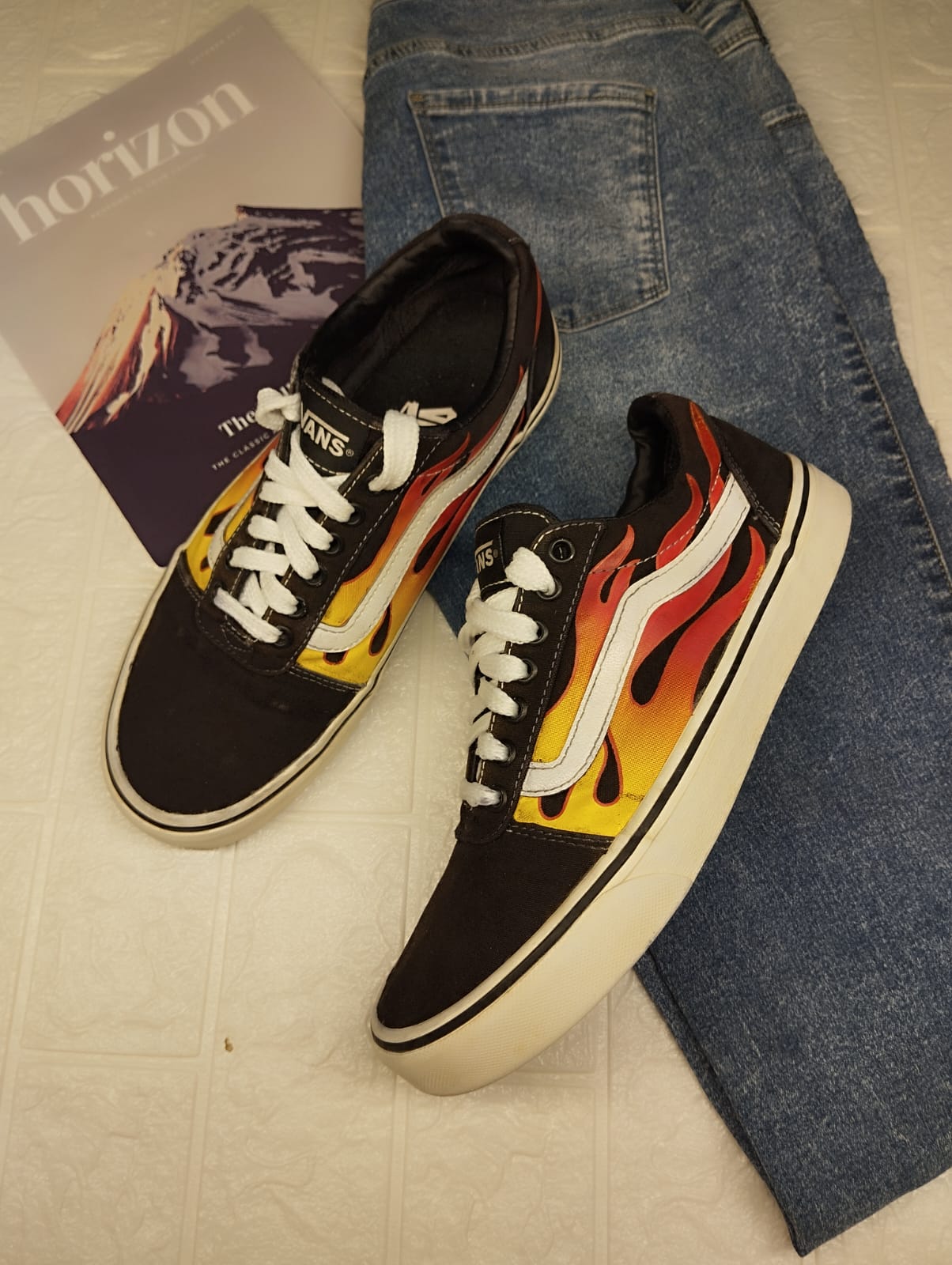Flame black low rise vans