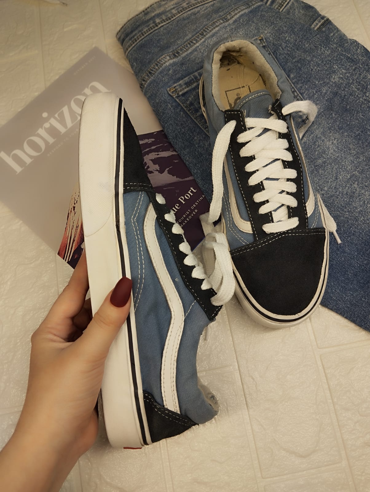 black and blue low rise vans