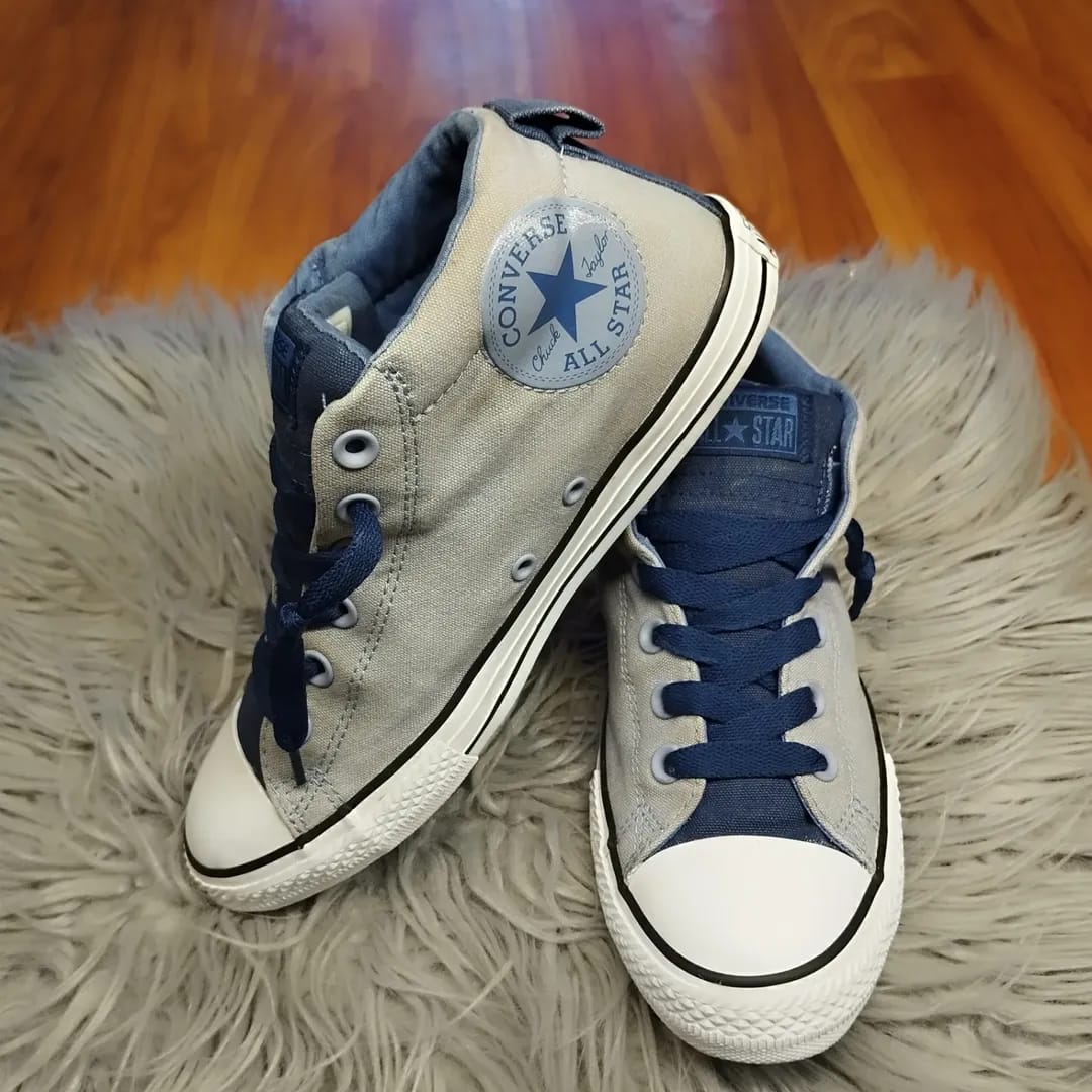 Grey and blue ankle cut converse
