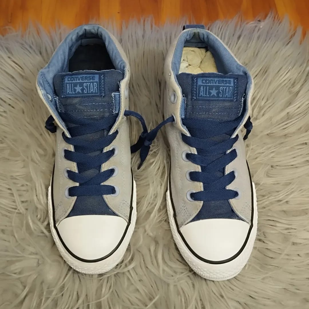 Grey and blue ankle cut converse