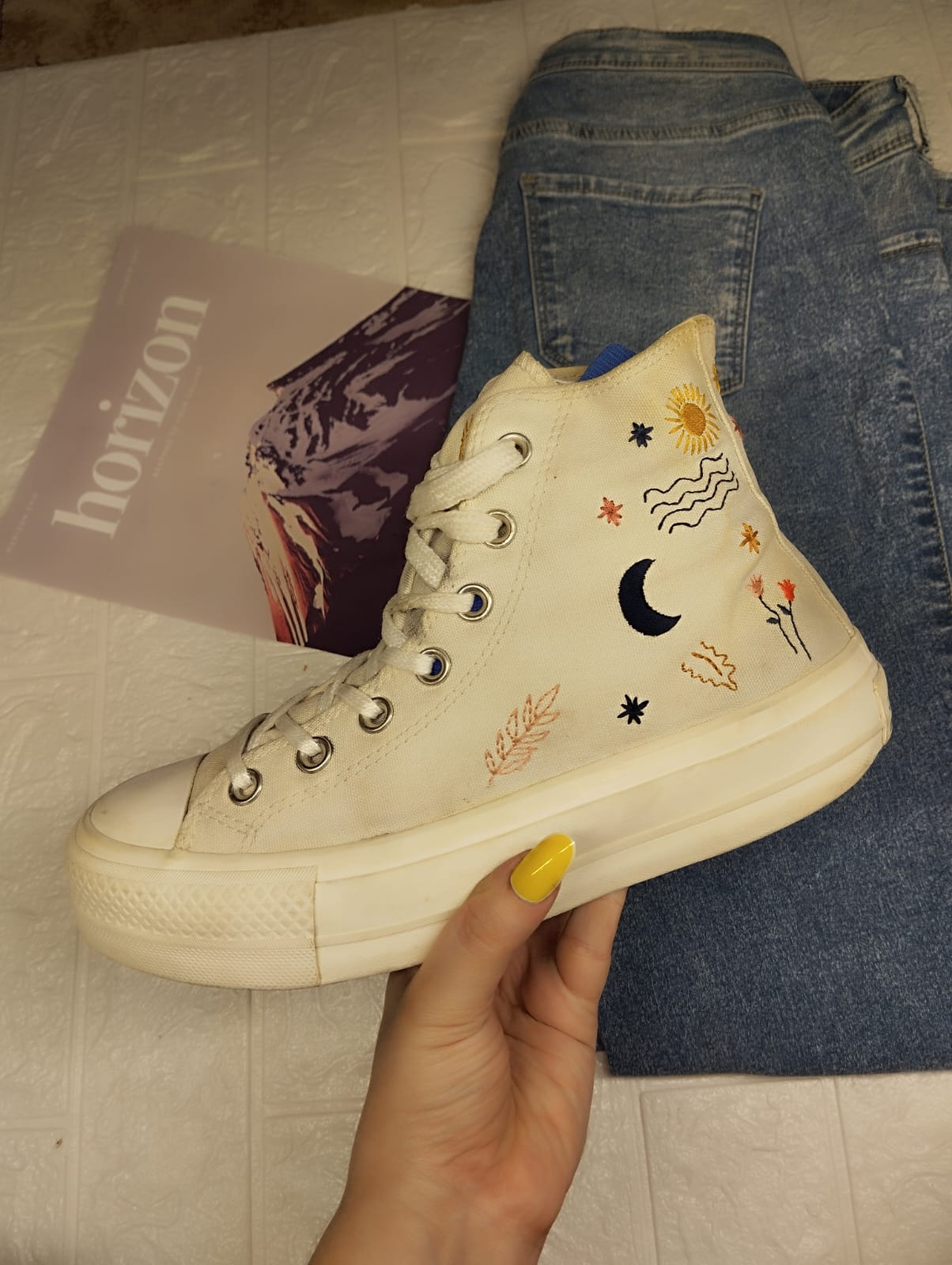 White embroidery high rise converse