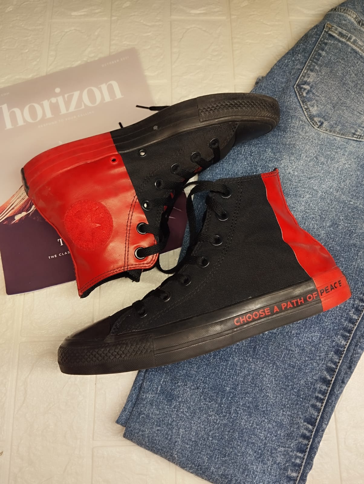 Red and black high rise converse