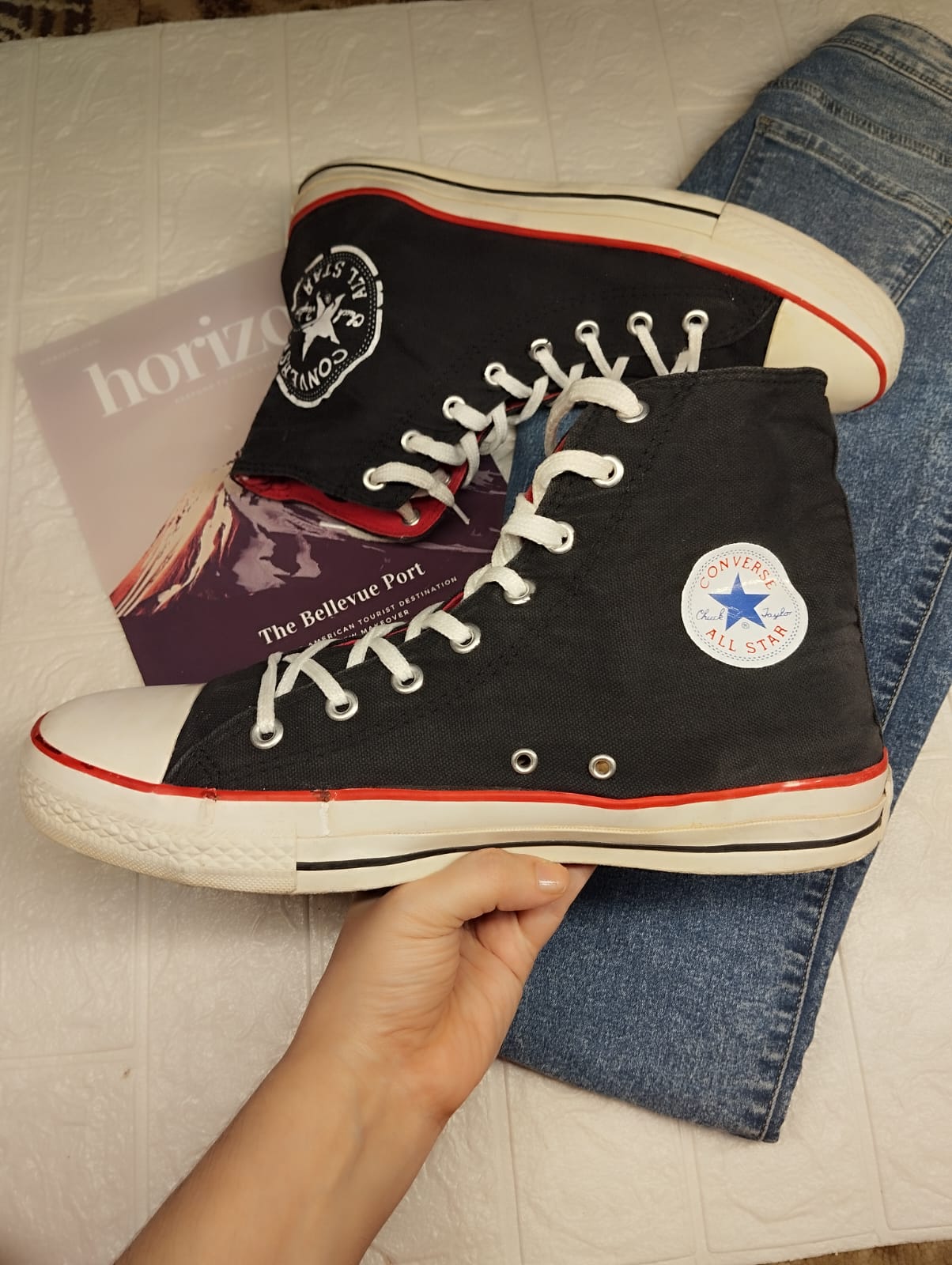 Red and black high rise converse