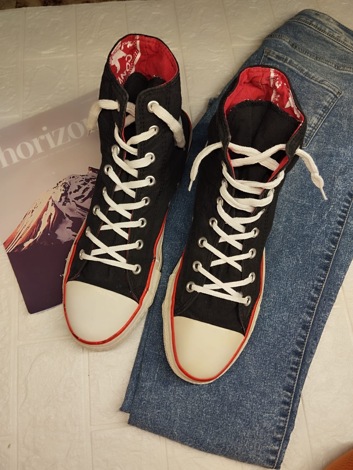 Red and black high rise converse