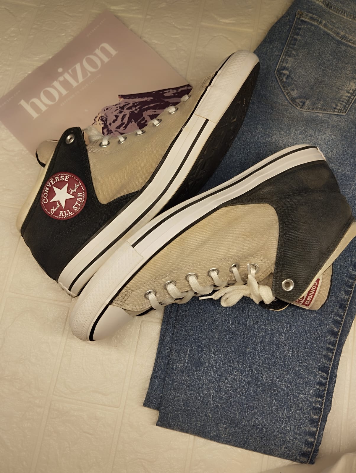 Beige and black ankle cut converse