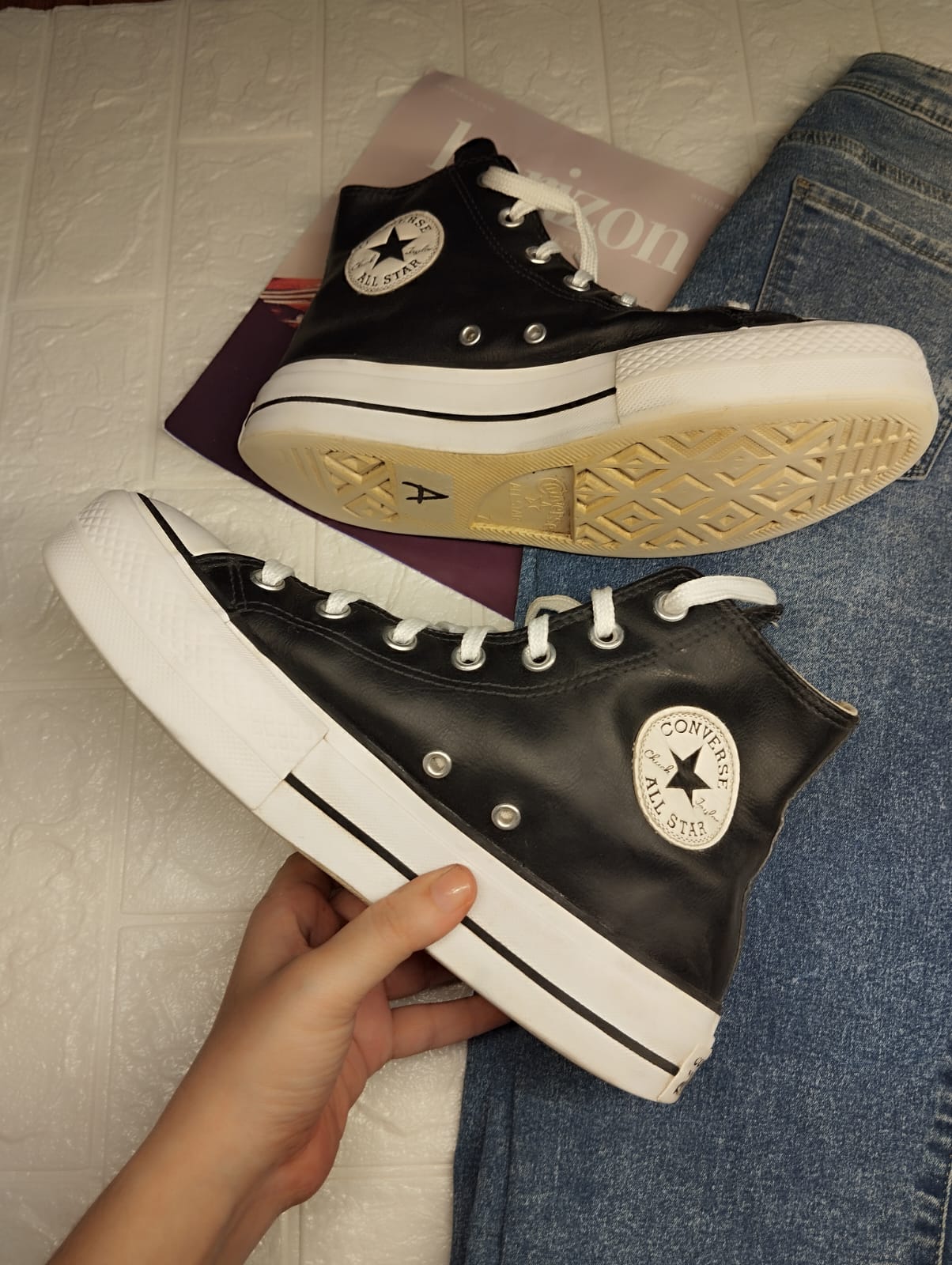 Black leather high rise platform