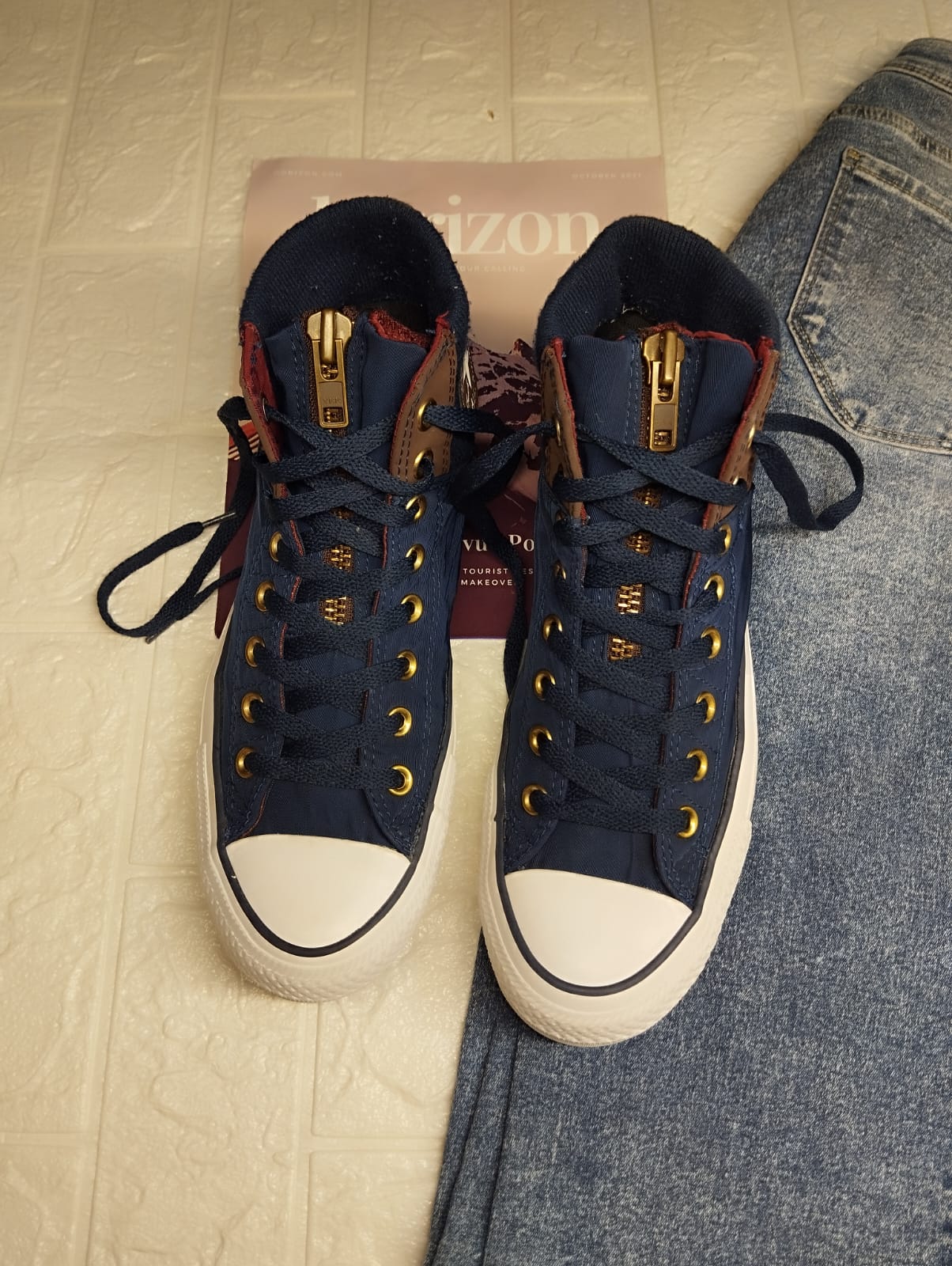 Navy blue and brown high rise converse