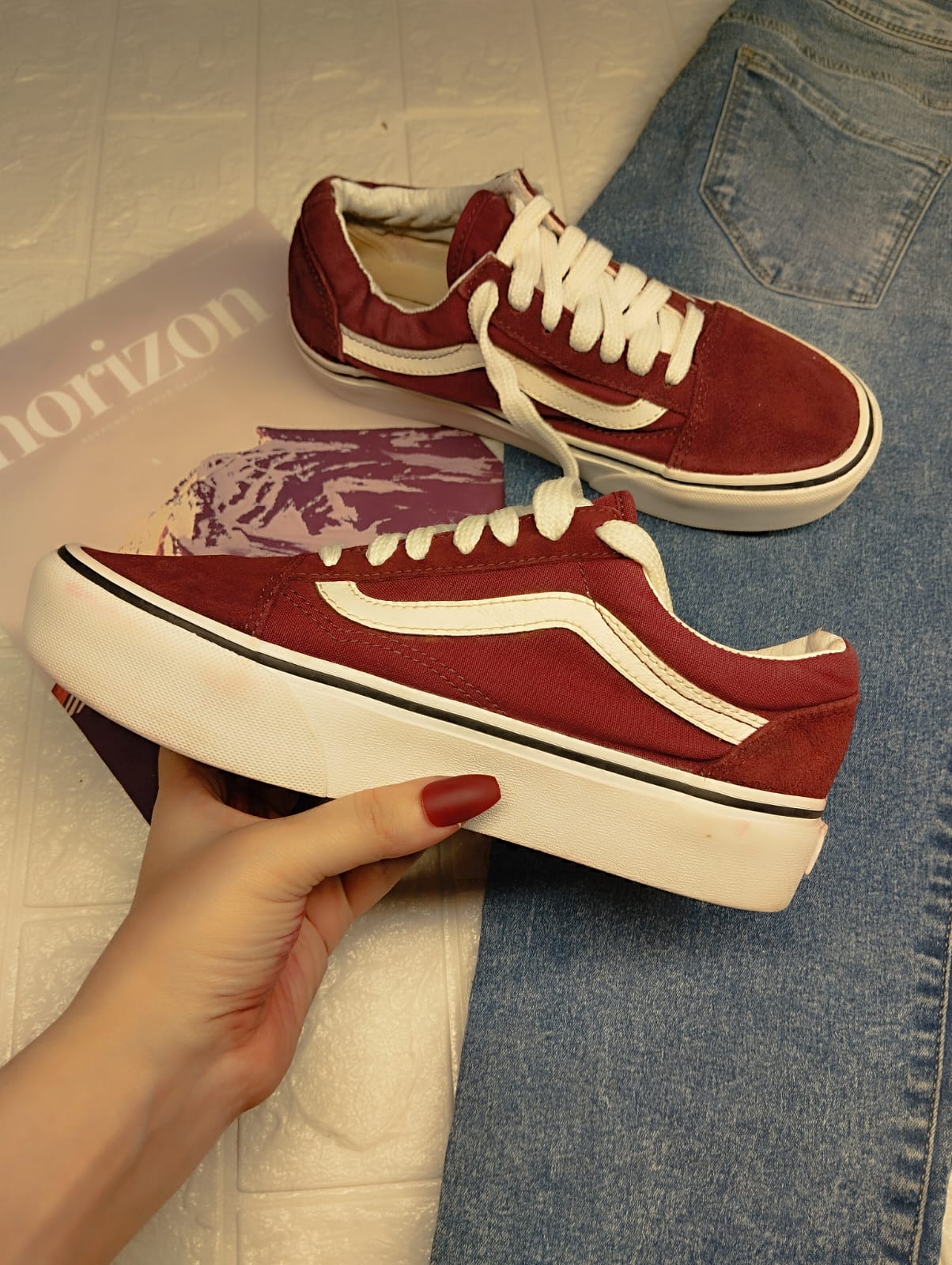 Burgundy low rise platform vans