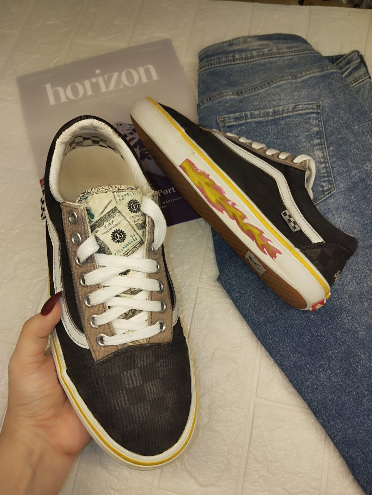 Black flame low rise vans