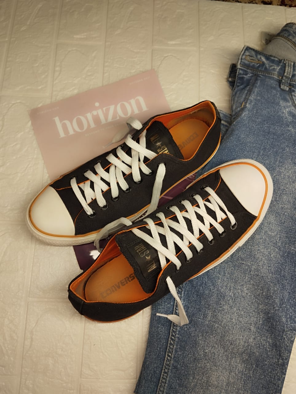 Black and orange low rise converse