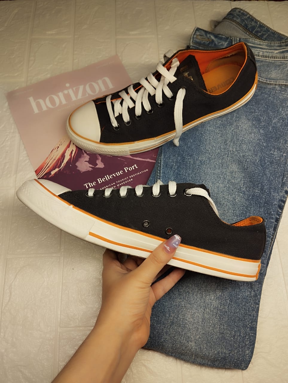 Black and orange low rise converse