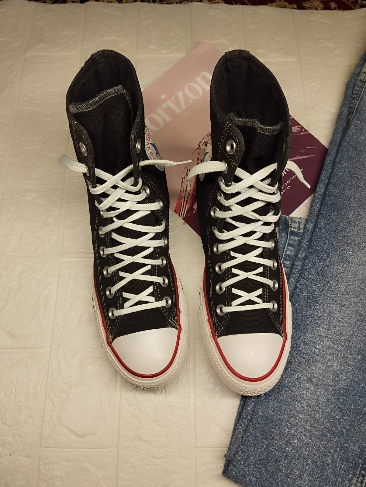 Black and red XL high rise converse