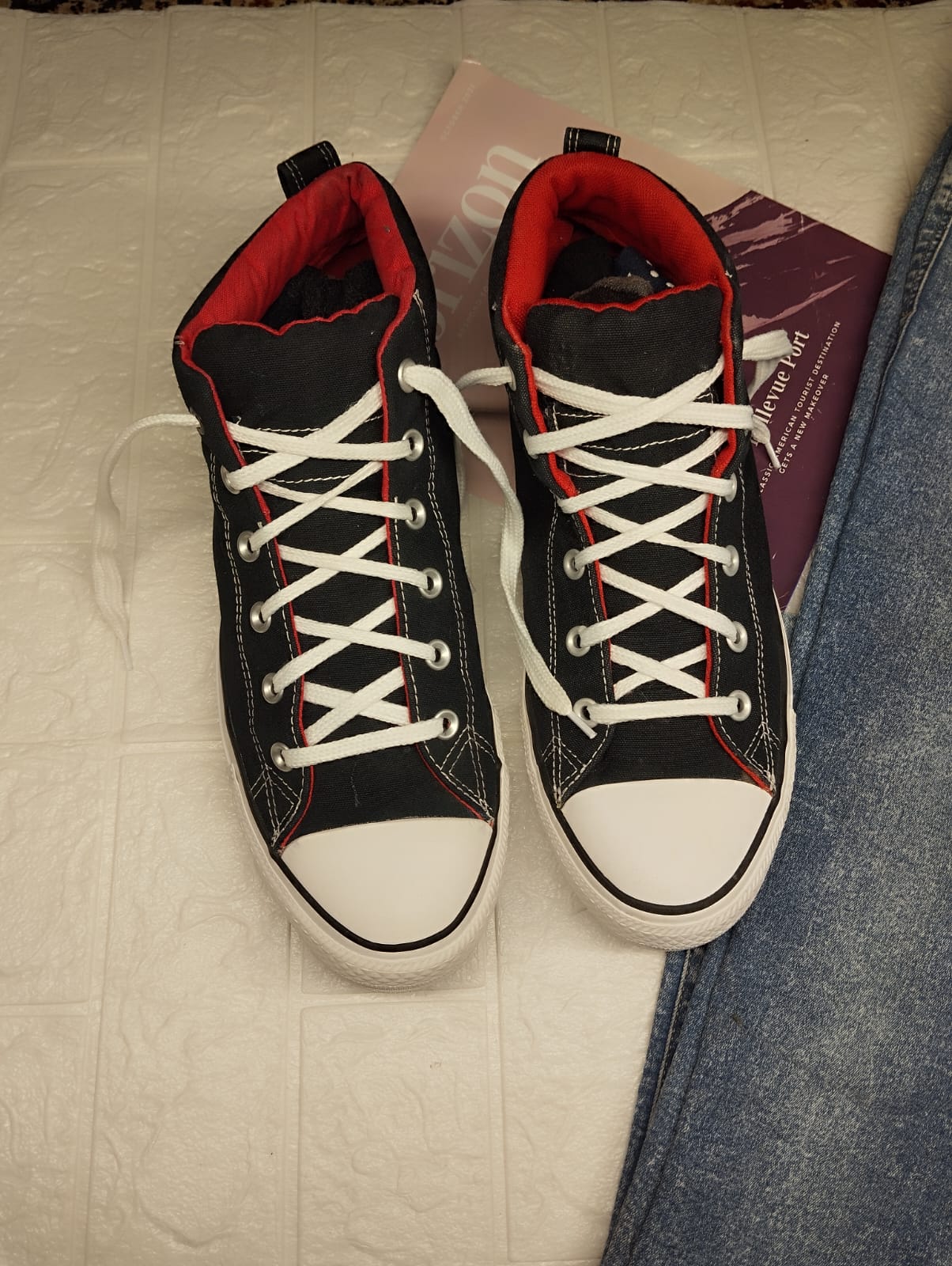 Black and red ankle cut converse