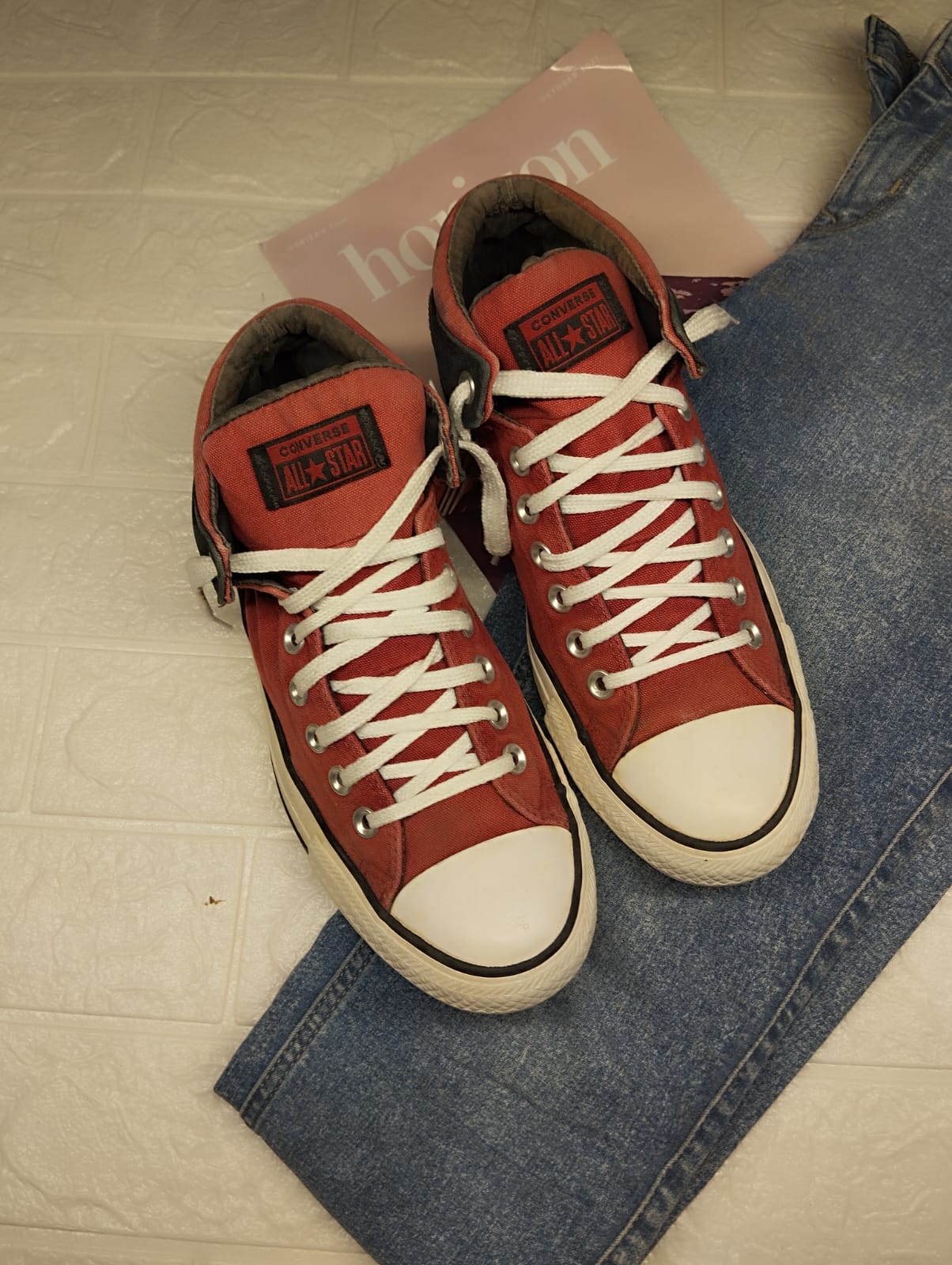 Red and black ankle cut converse