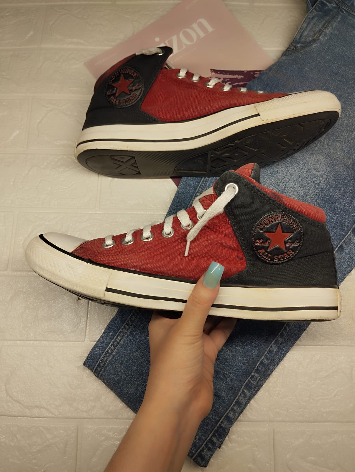 Red and black ankle cut converse