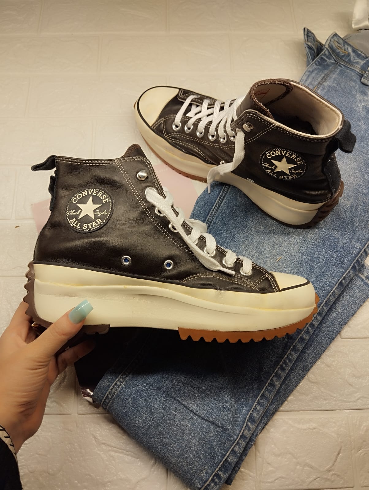 Black leather high rise chunky