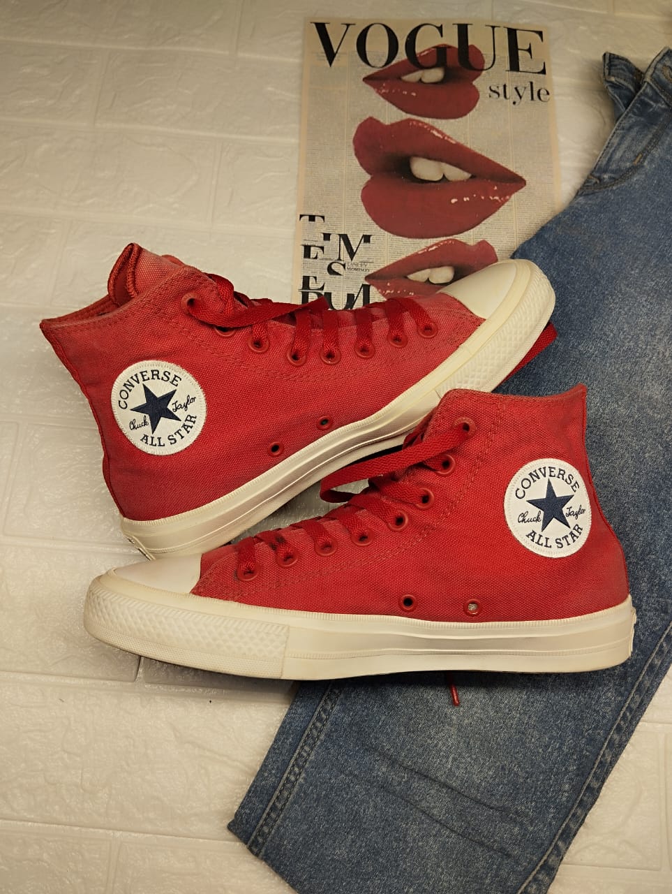 Red and white high rise converse
