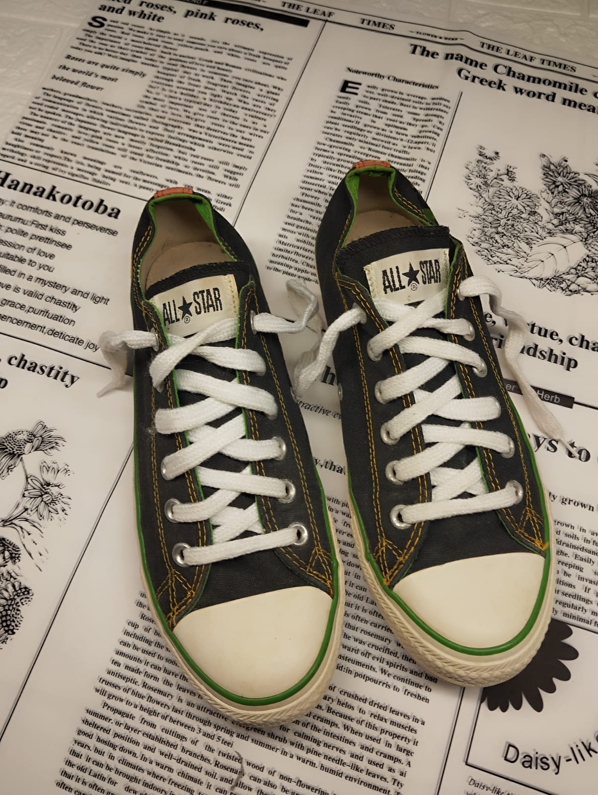 Black and green low rise converse