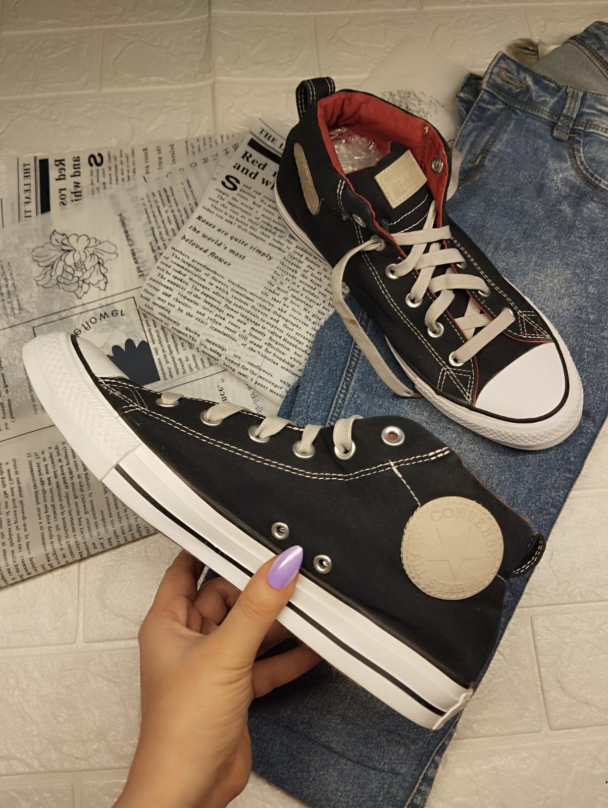 Red and black ankle cut converse