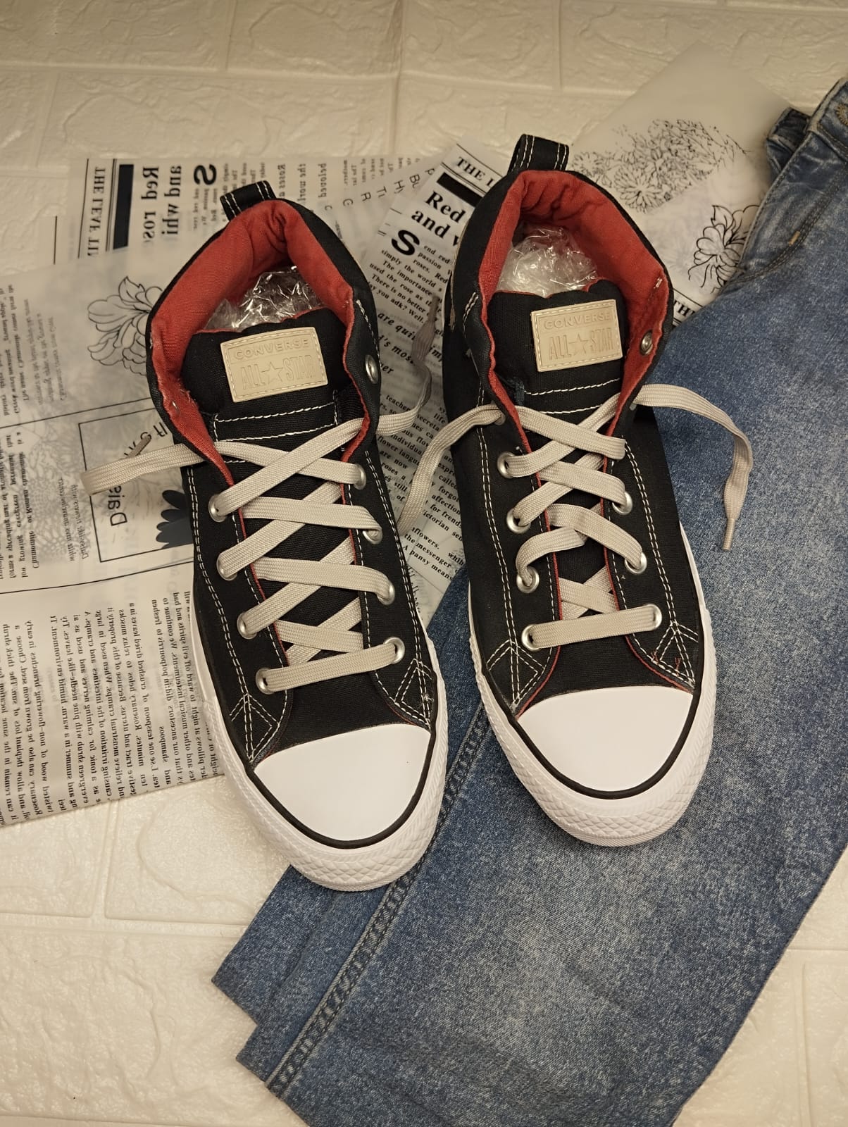 Red and black ankle cut converse