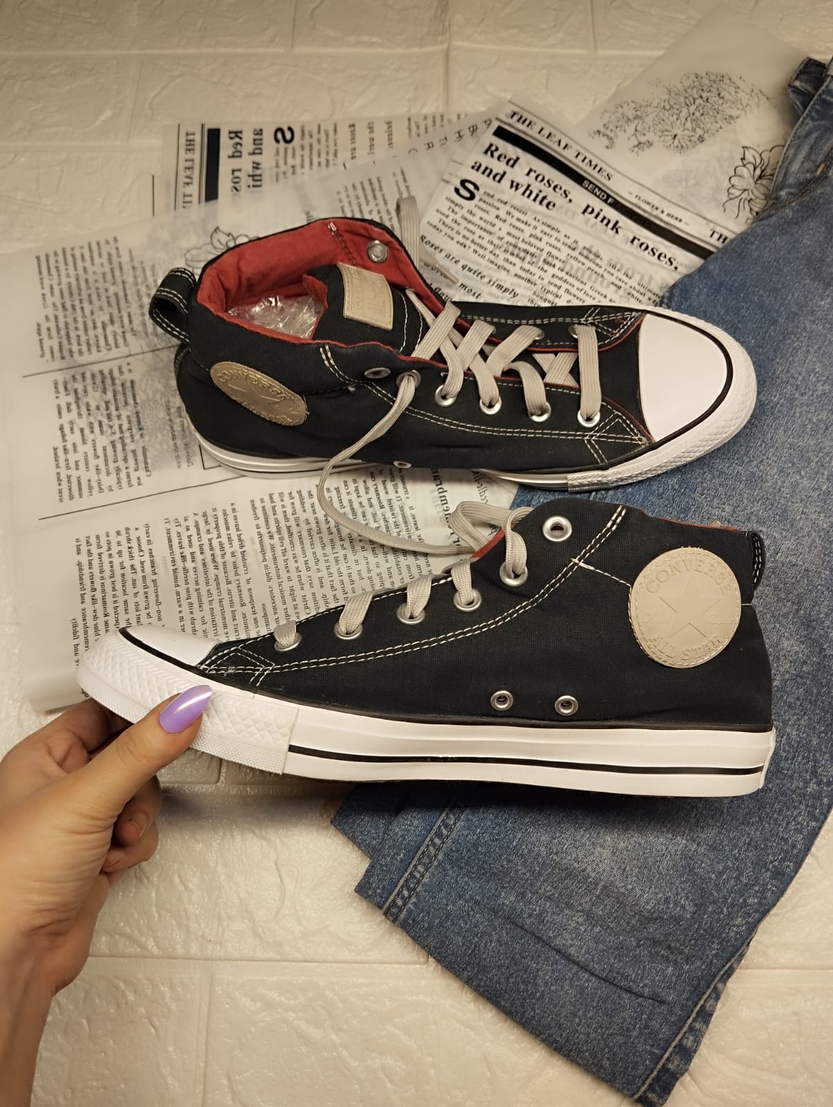 Red and black ankle cut converse