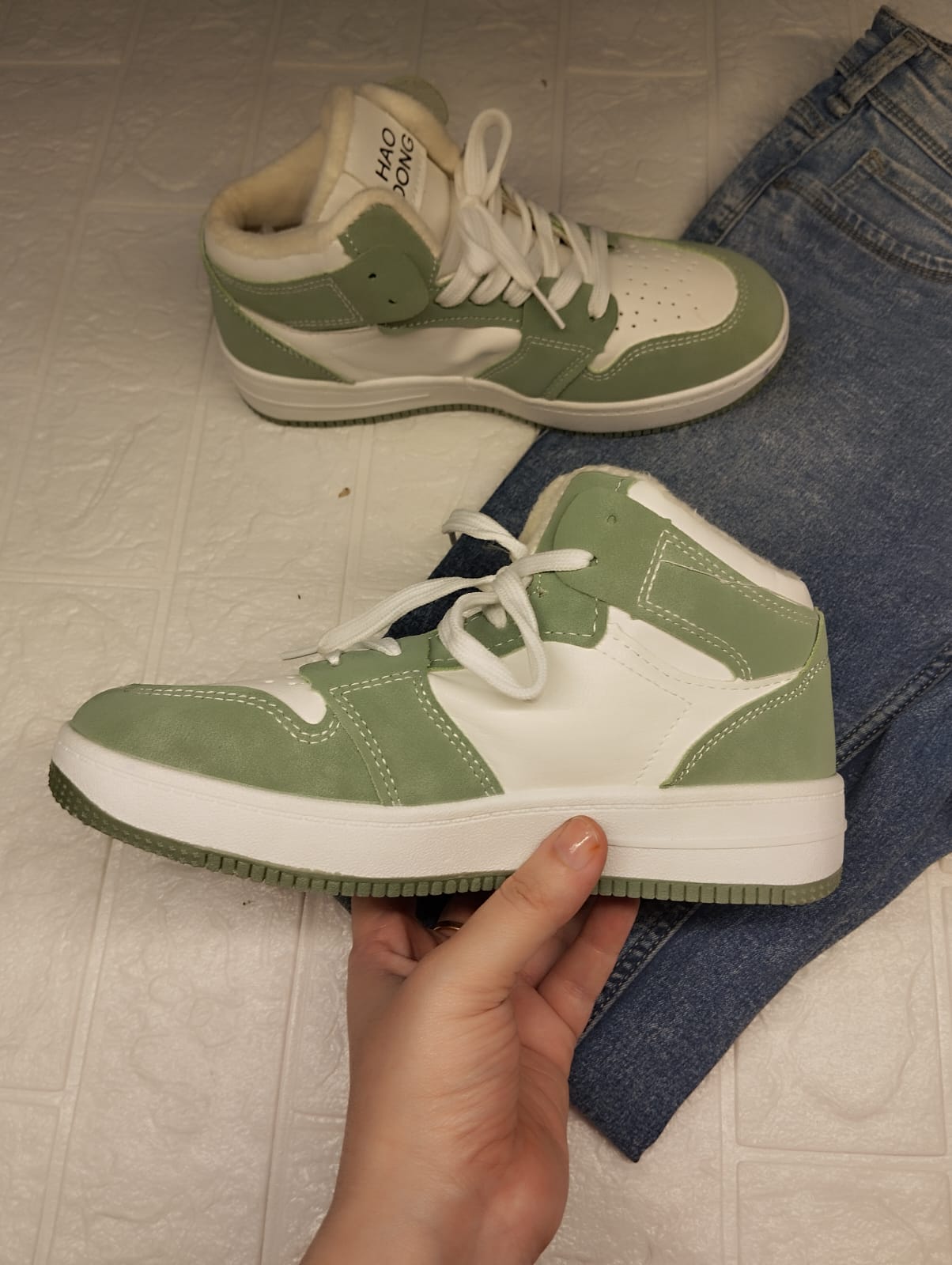 Green and white shoes