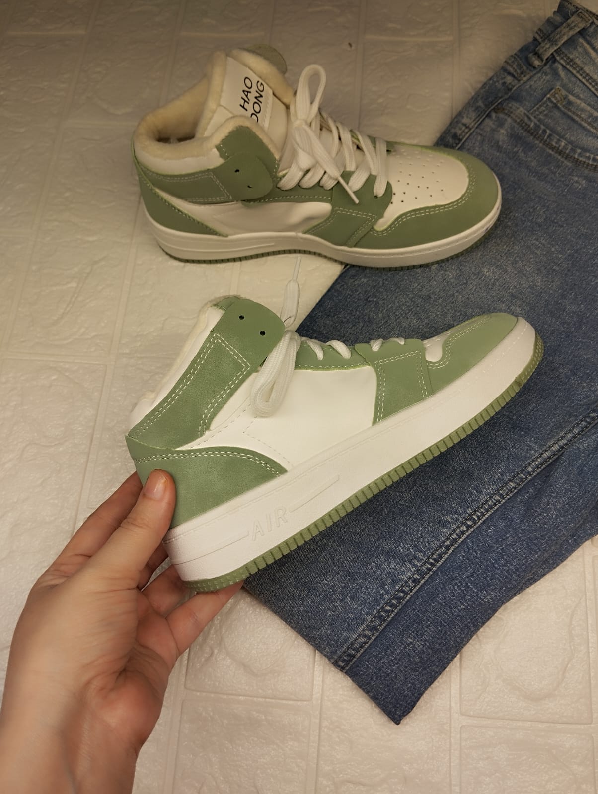 Green and white shoes