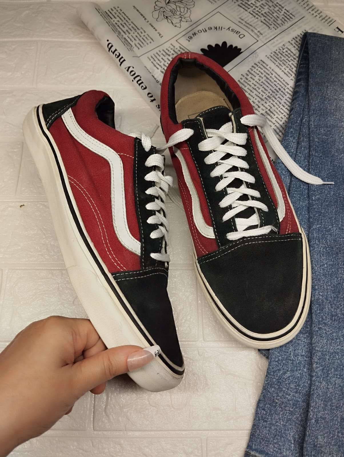 Red and black low rise vans