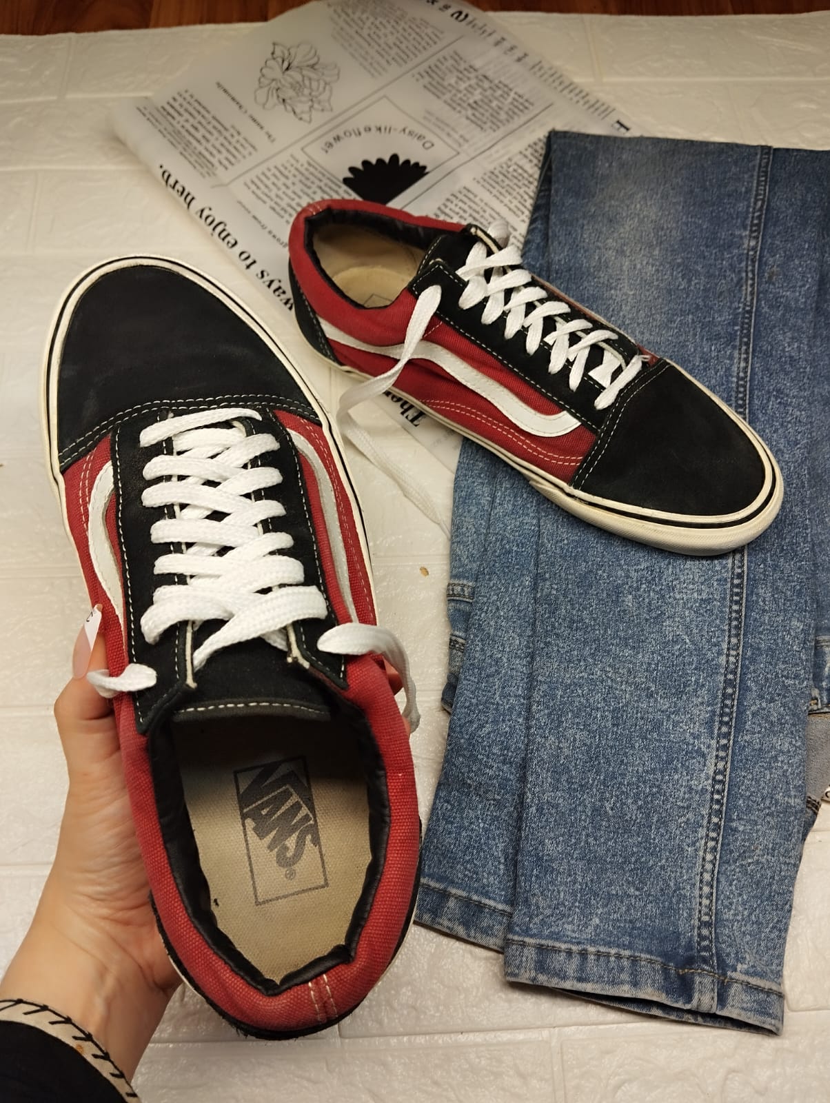 Red and black low rise vans