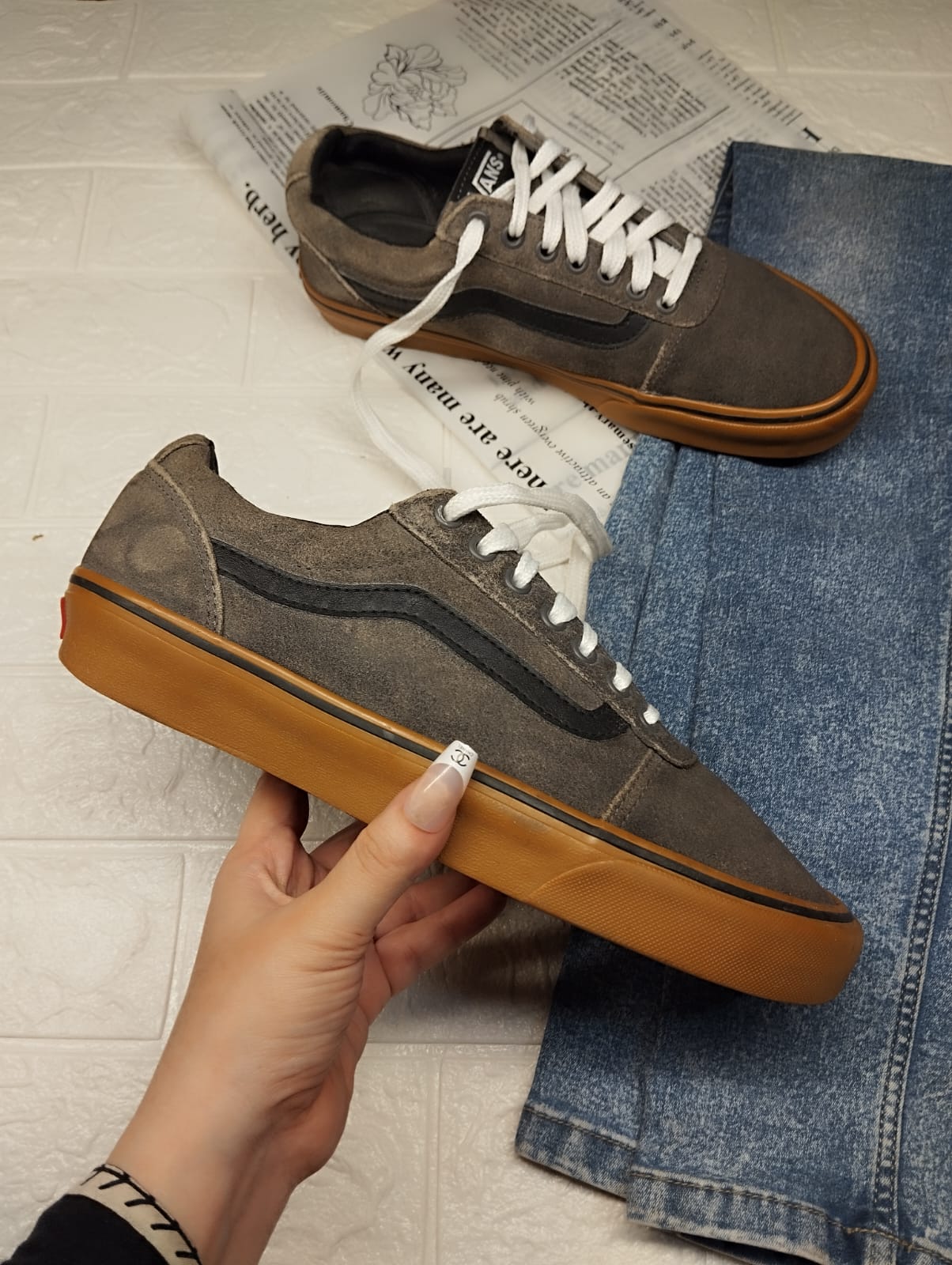 Grey and brown low rise vans