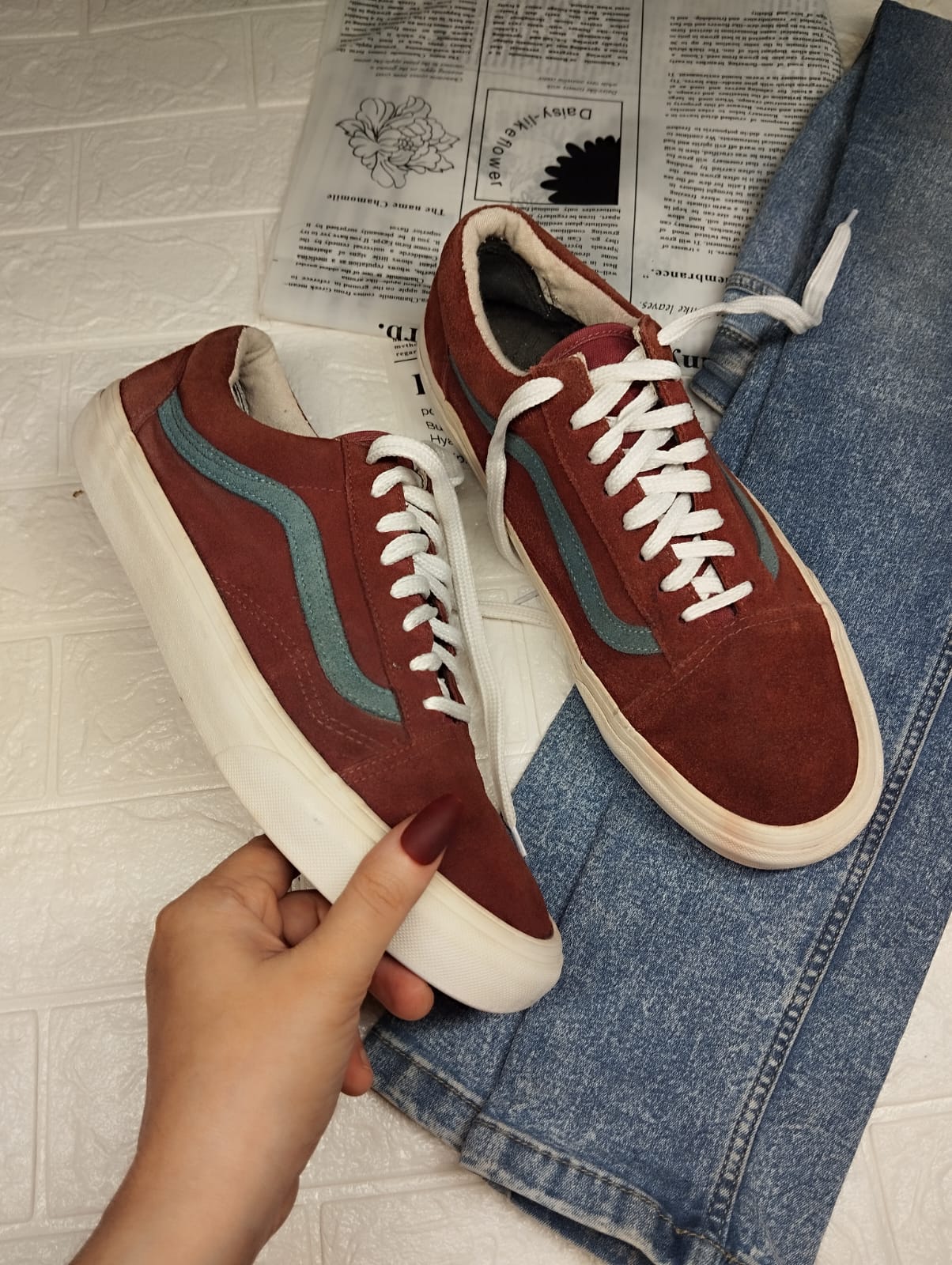 Brown and blue low rise vans