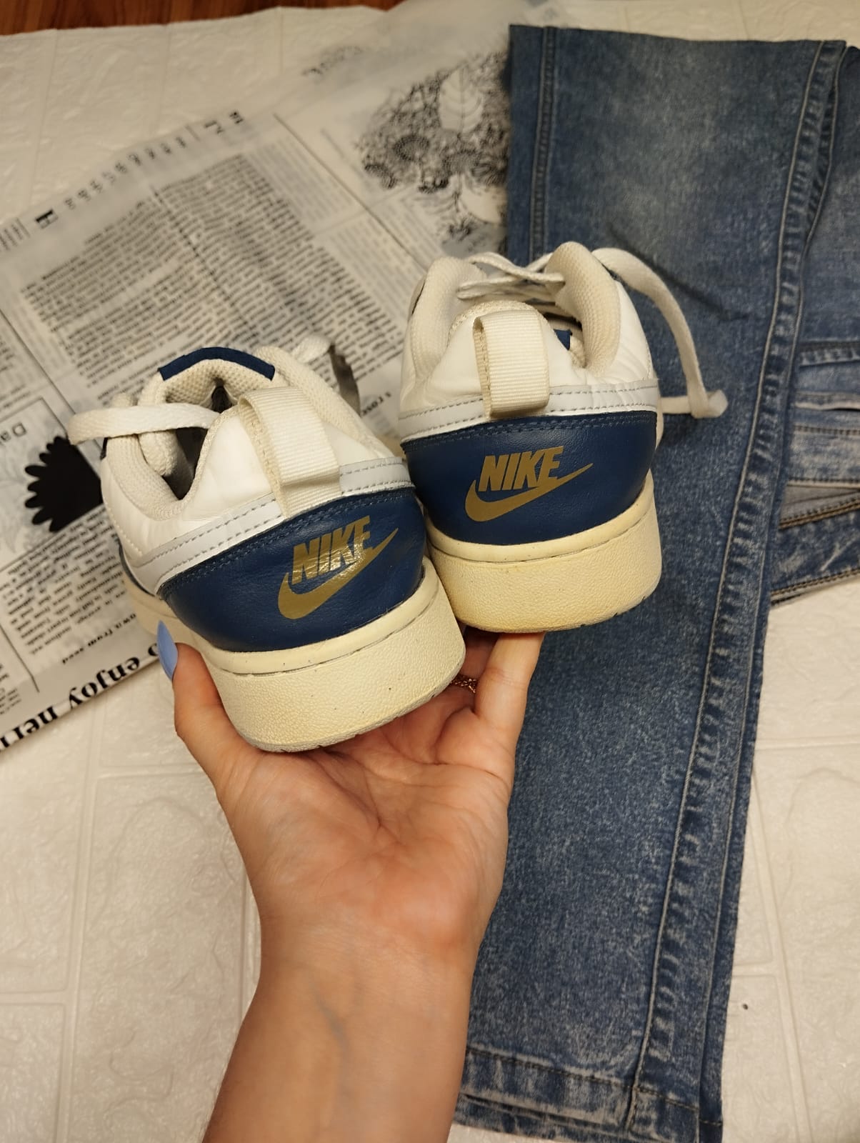 Blue and white nike sneakers