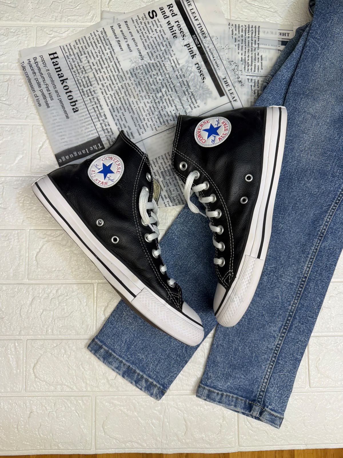 Black leather high rise converse