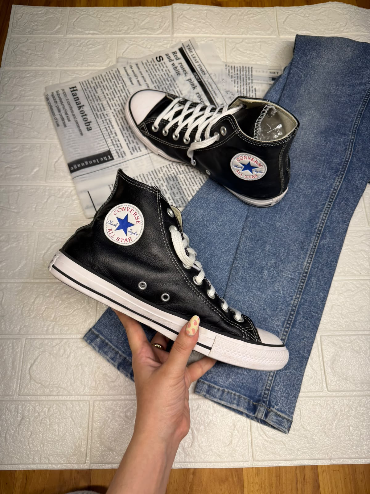 Black leather high rise converse