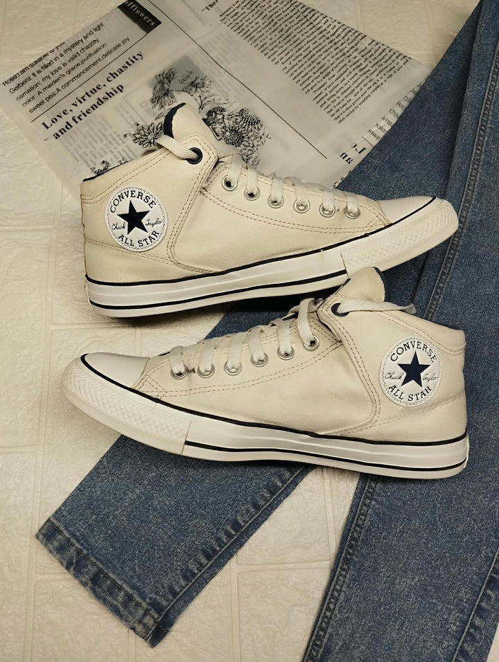White Ankle cut Converse (blue detailing)
