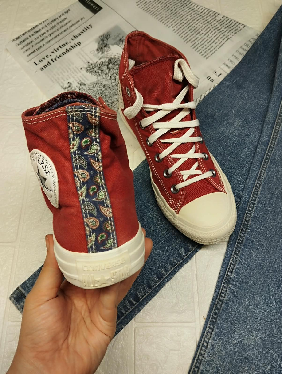 Burgundy & pink high rise converse