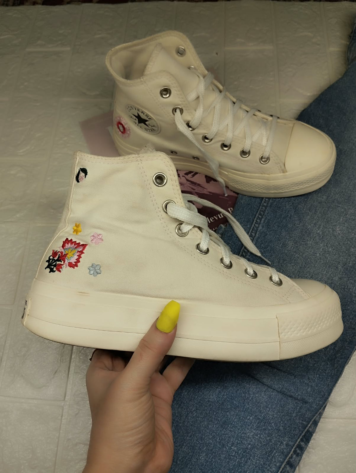 White and Pink Embroidered high rise platform