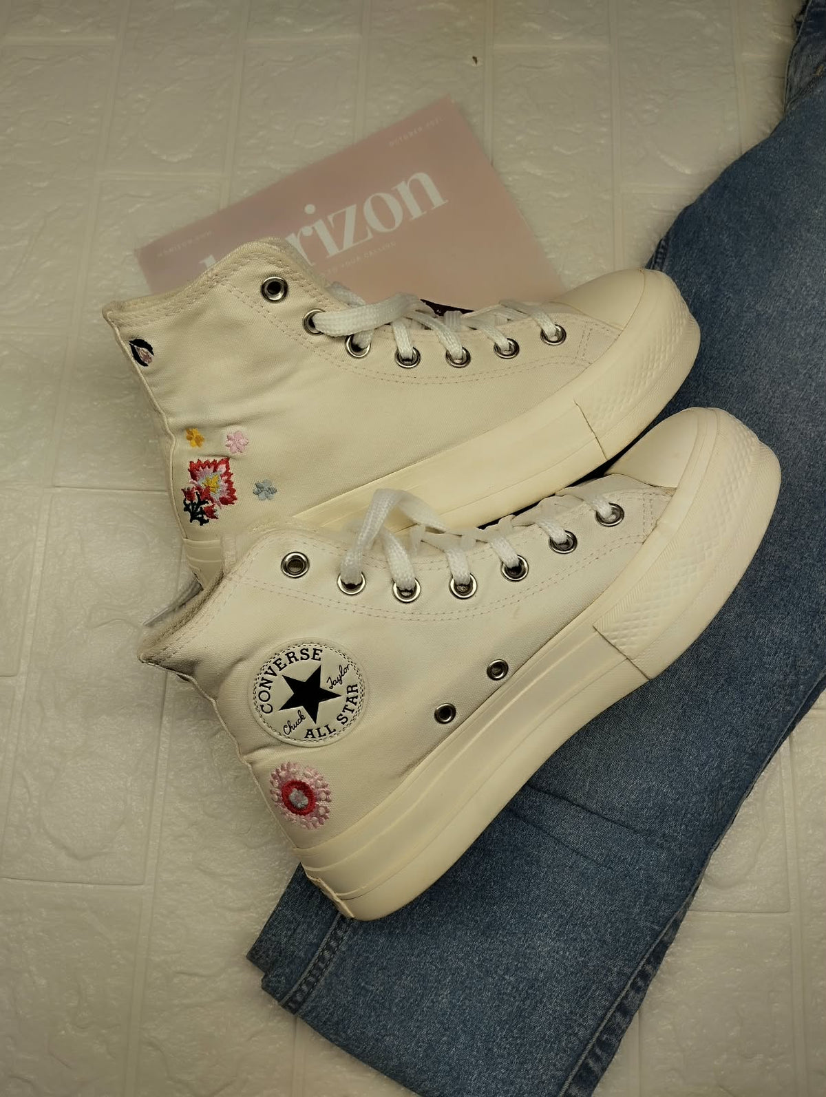 White and Pink Embroidered high rise platform