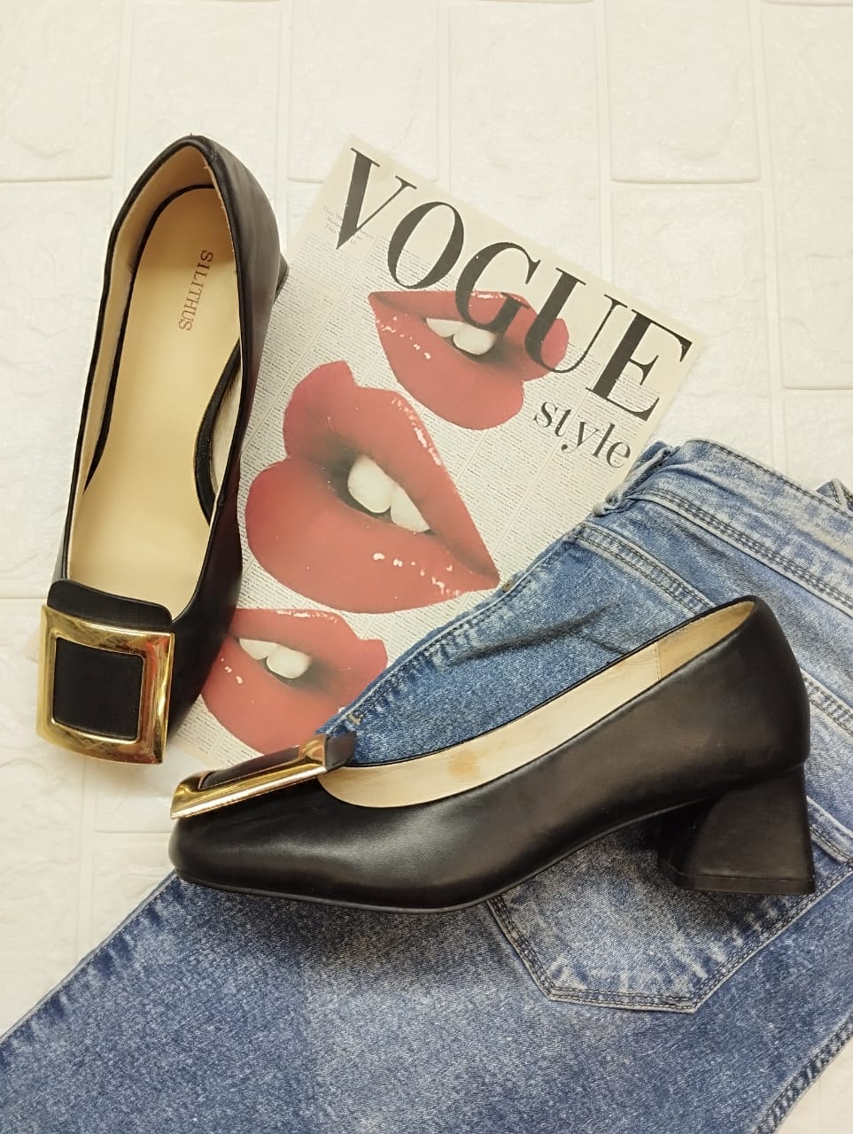 Black and gold box heels