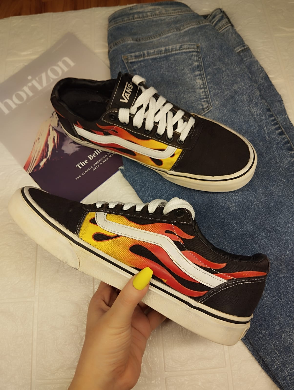 Flame black low rise vans