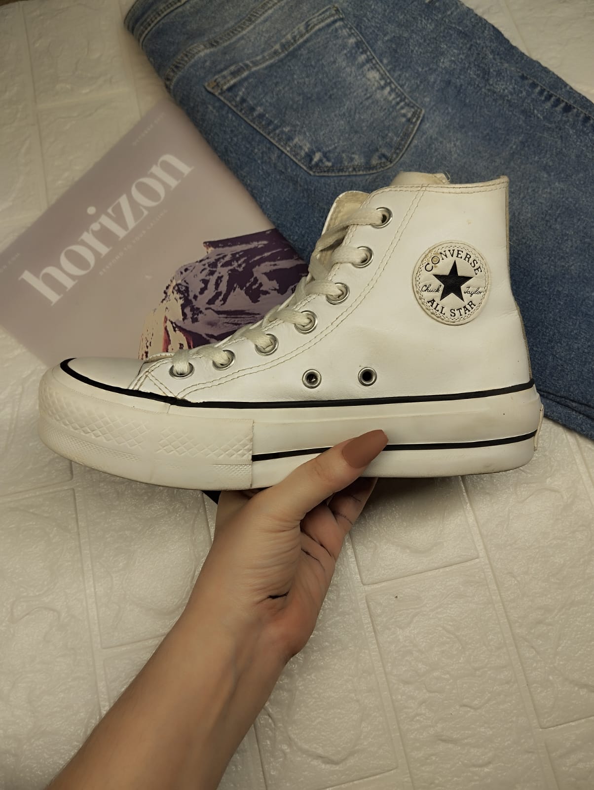 White leather high rise platform