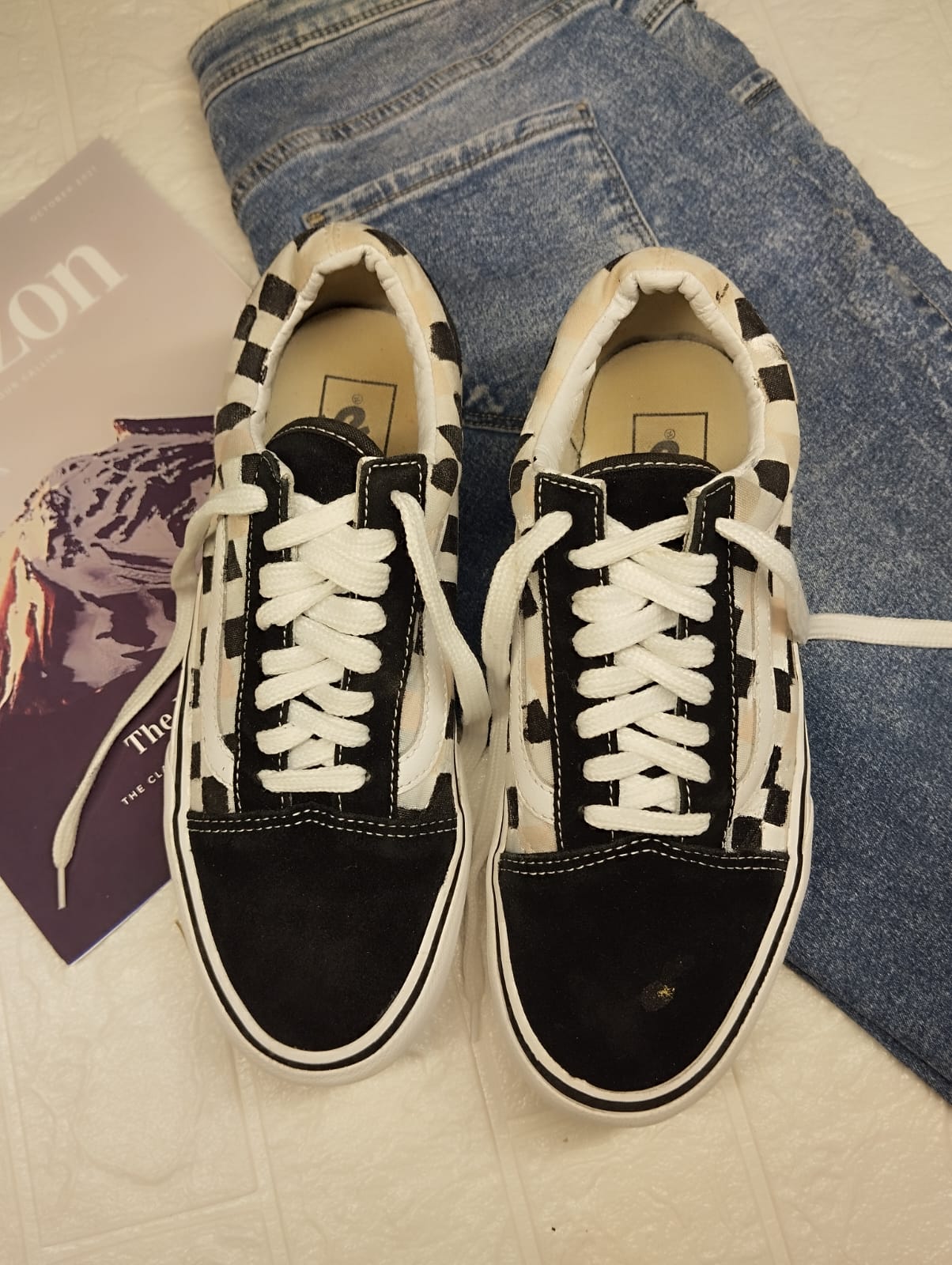 Black checkered print low rise vans