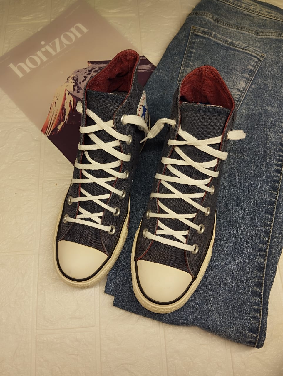 Navy blue and burgundy high rise converse